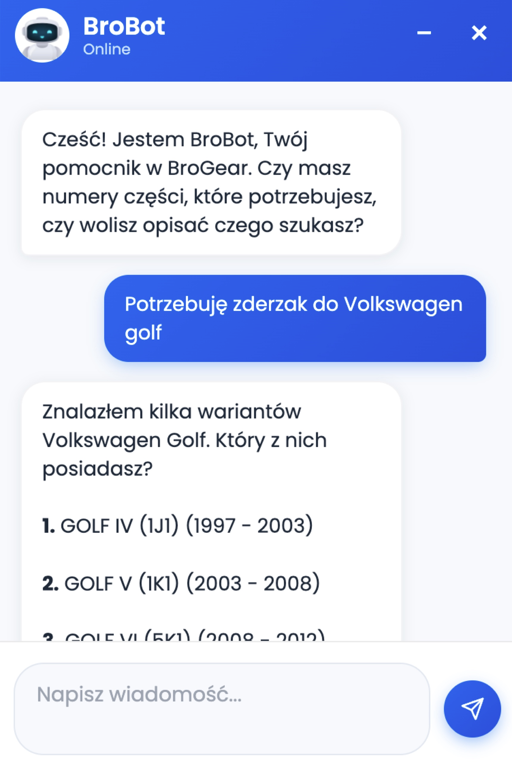 A chat with BroBot: asking about a bumper.