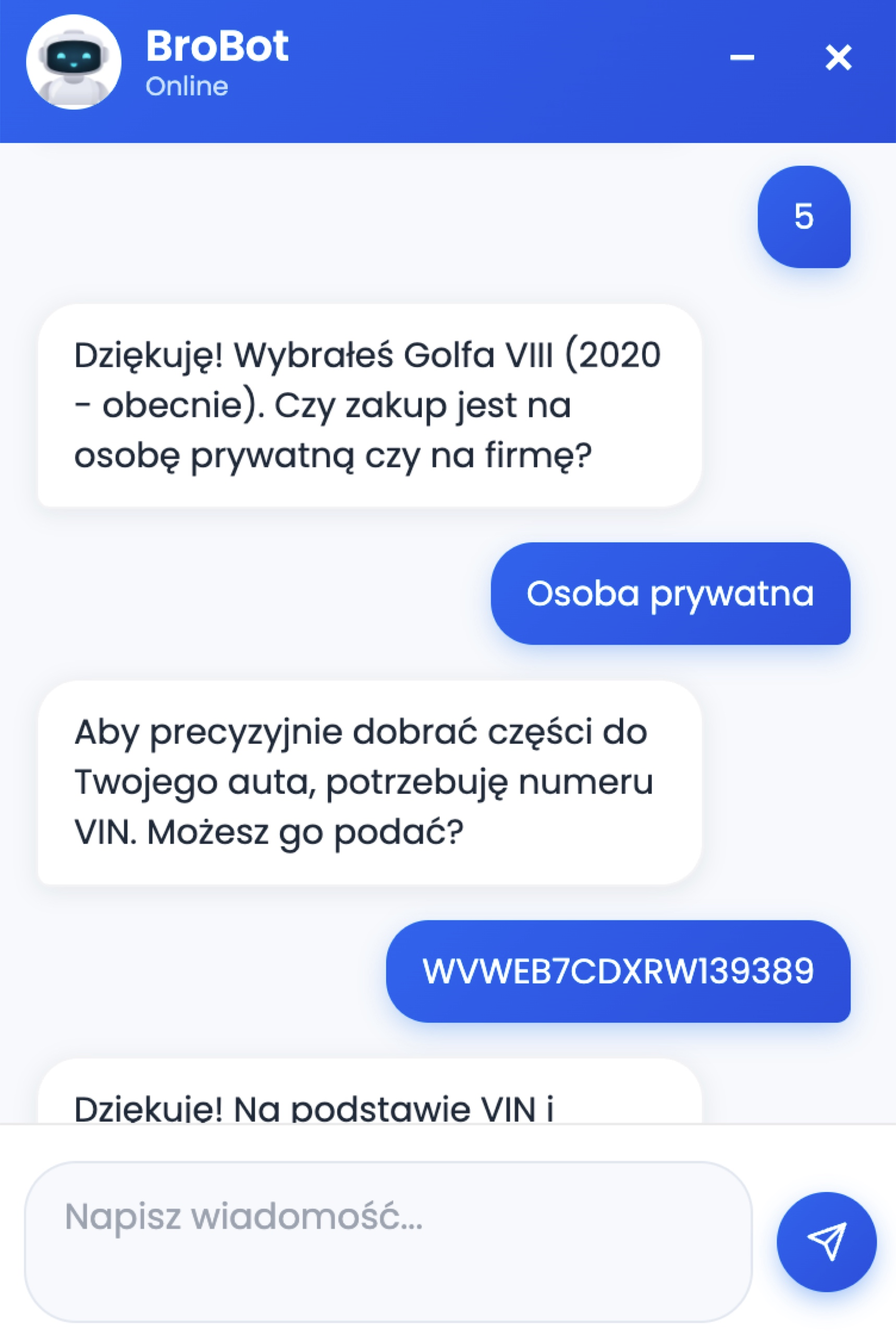 A chat with BroBot: business purchase and a VIN request.