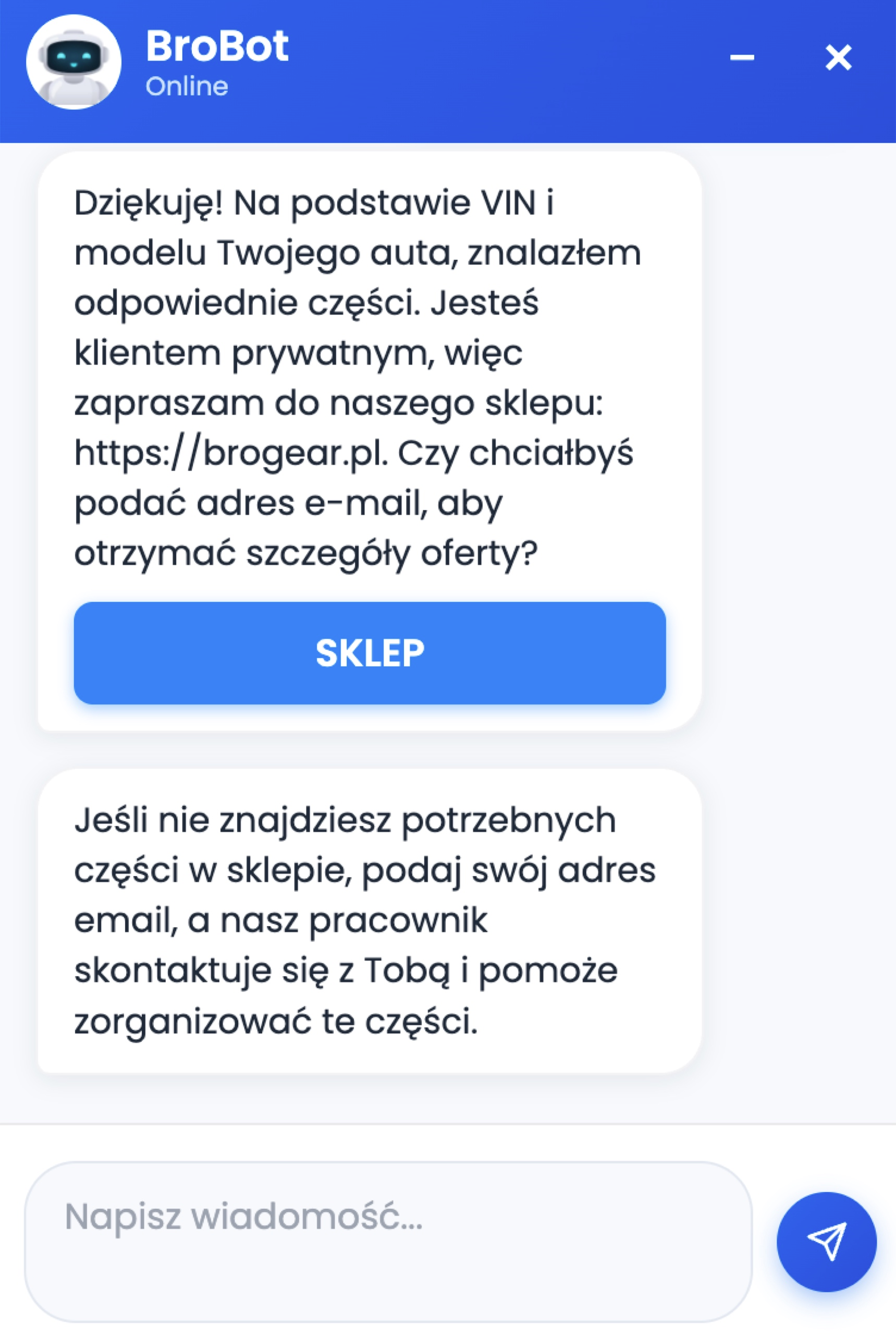 A chat with BroBot: a link to the matching part in the shop.
