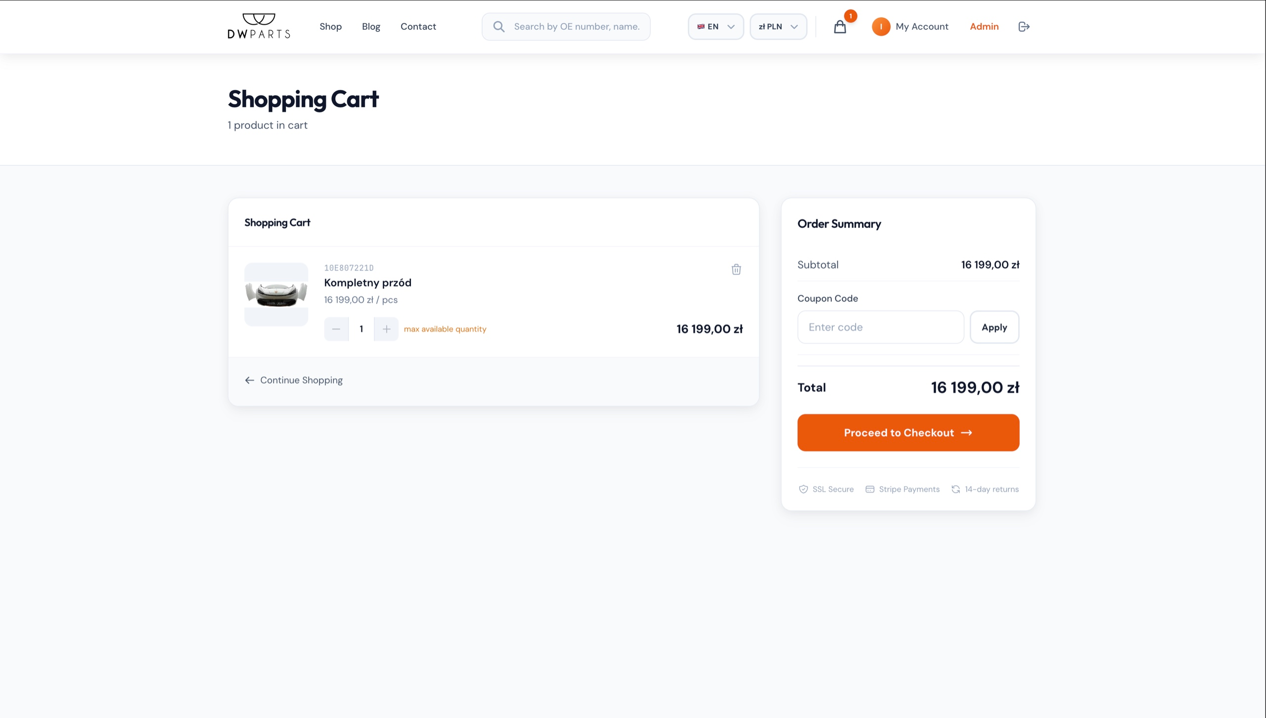 The cart with a coupon field and availability control.