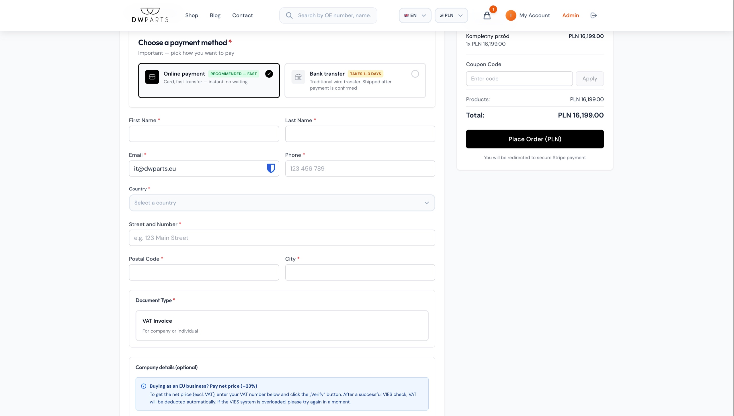 Stripe payments with support for many methods and currencies.