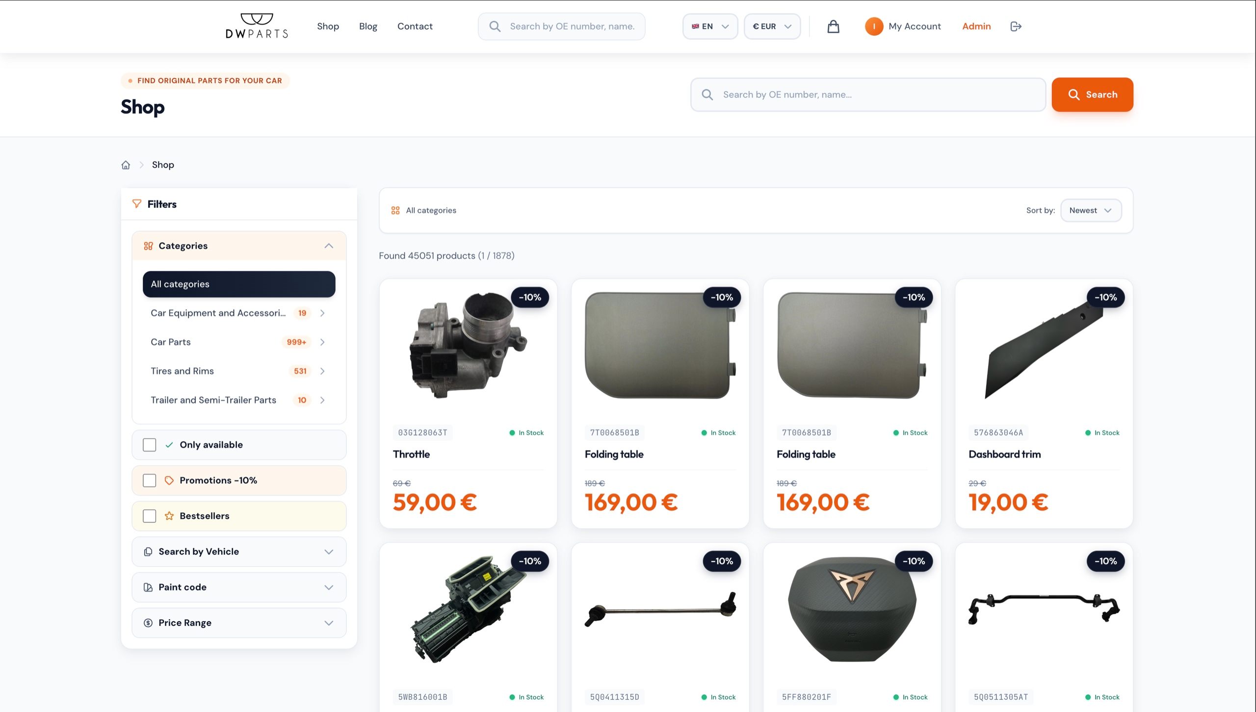 The store page with filters.
