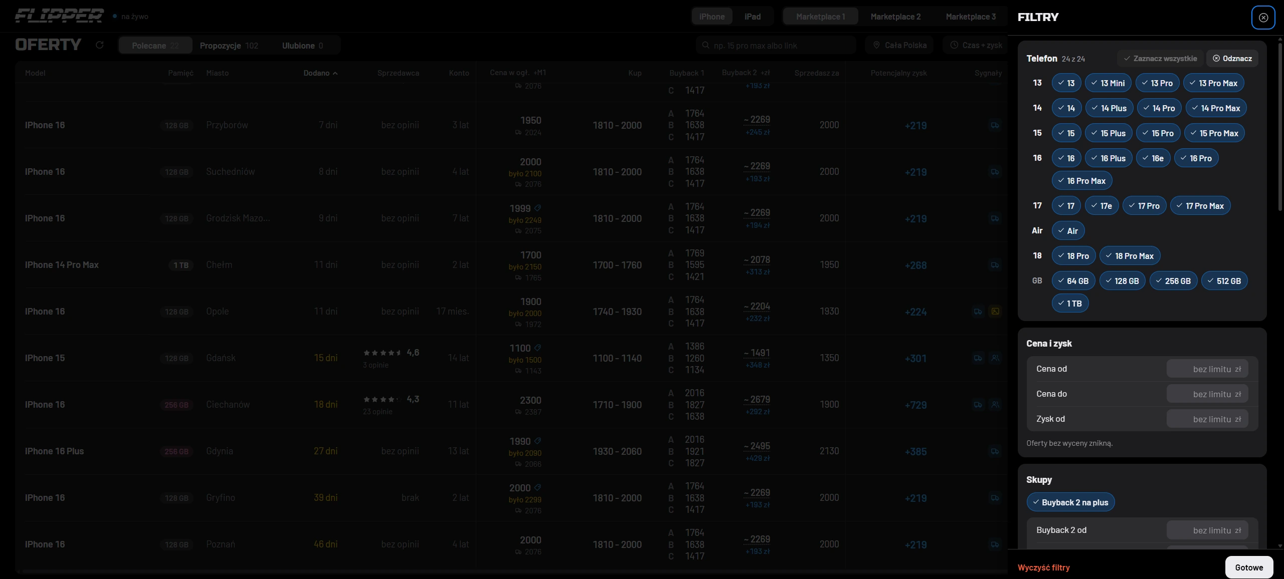 Filters: model, storage, price, profit, battery, listing and account age, listing signals.