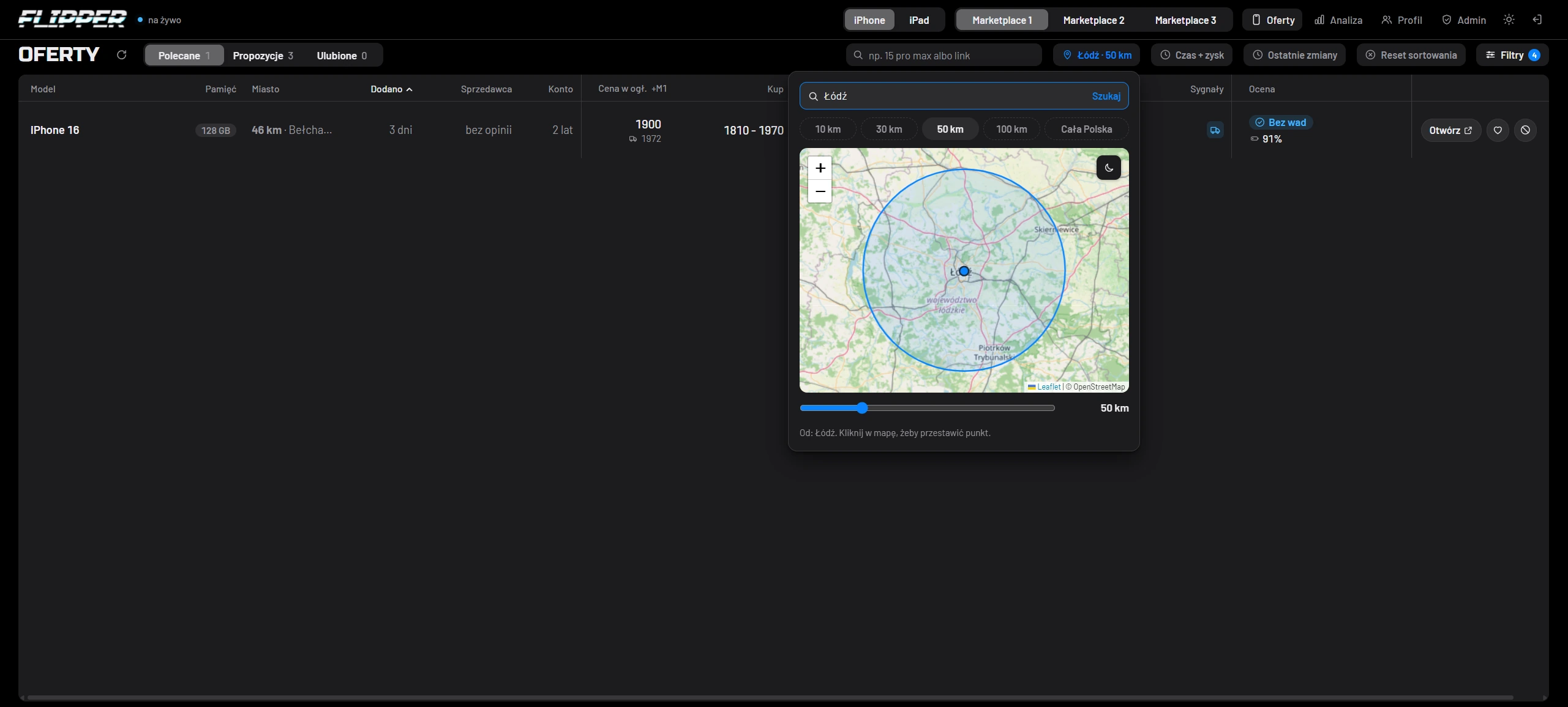 Map: a location filter with a radius and the distance to every listing.