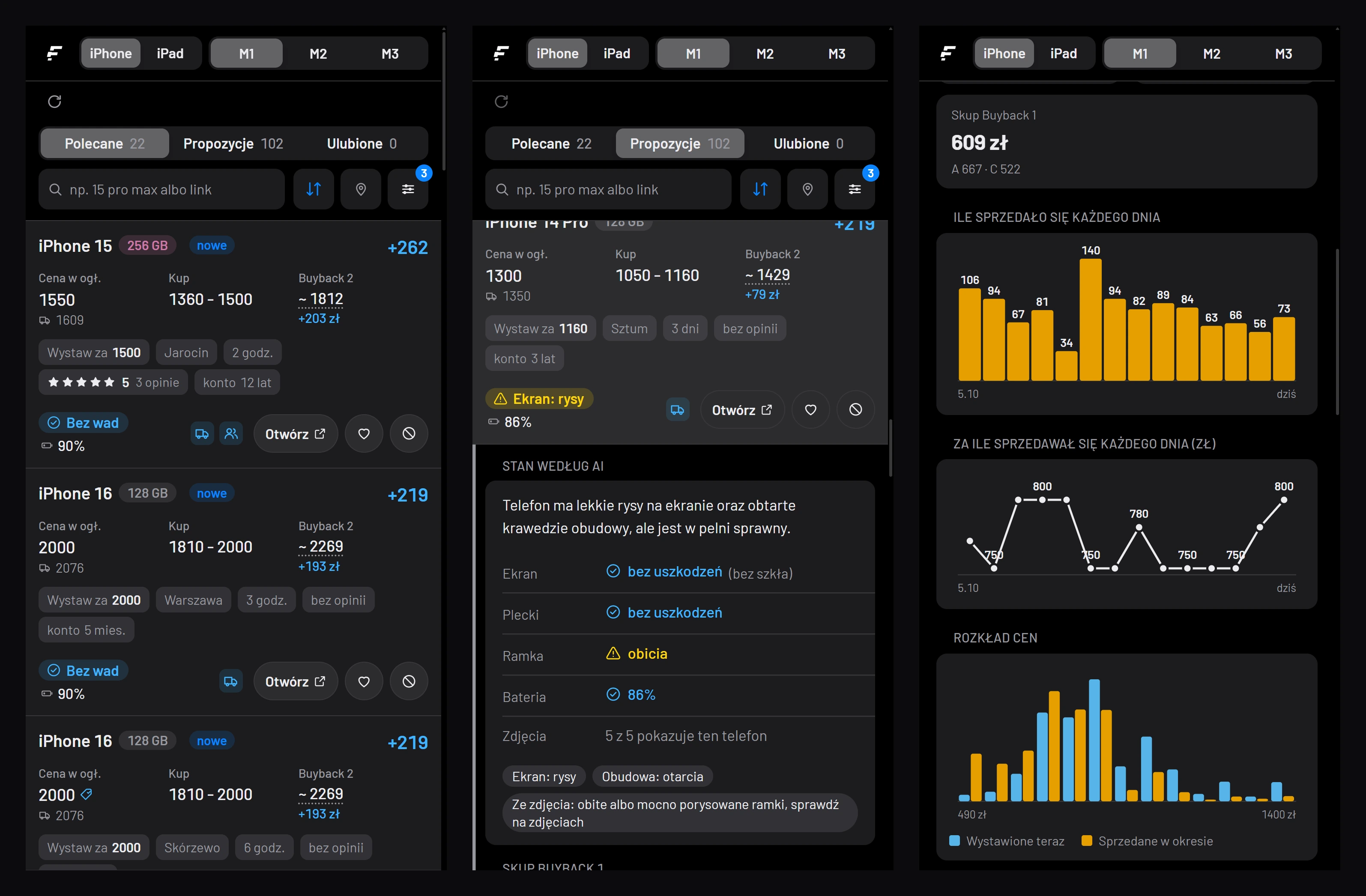 The mobile version: the listings, a listing with detected defects and market analysis.
