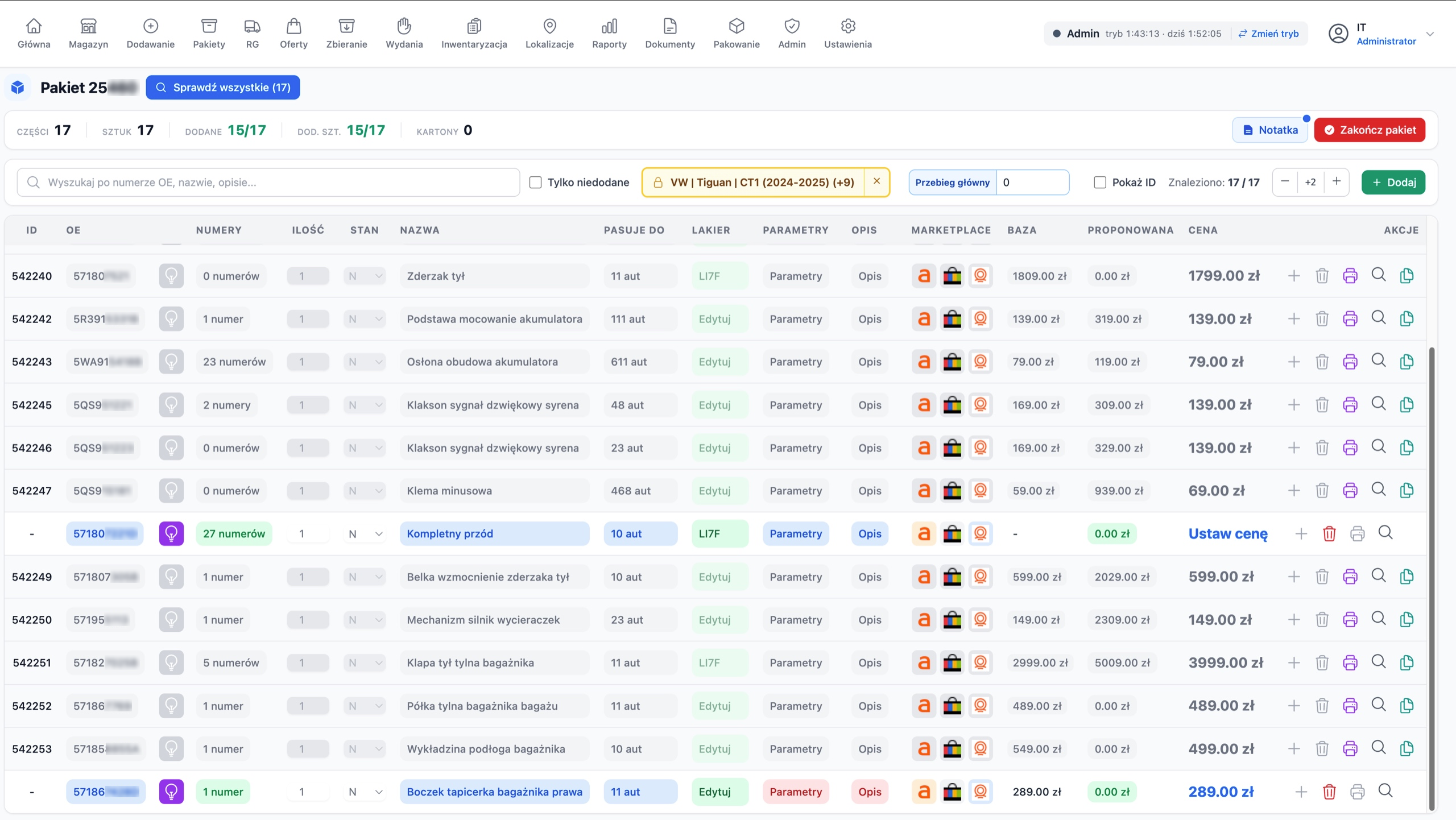Adding a part: the AI agent fills in cross-references, the name and the fitments, then suggests a price.