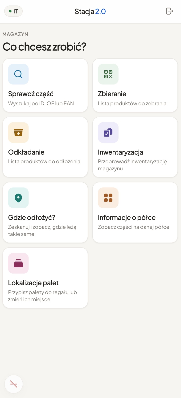 The home screen: tiles for the warehouse actions.