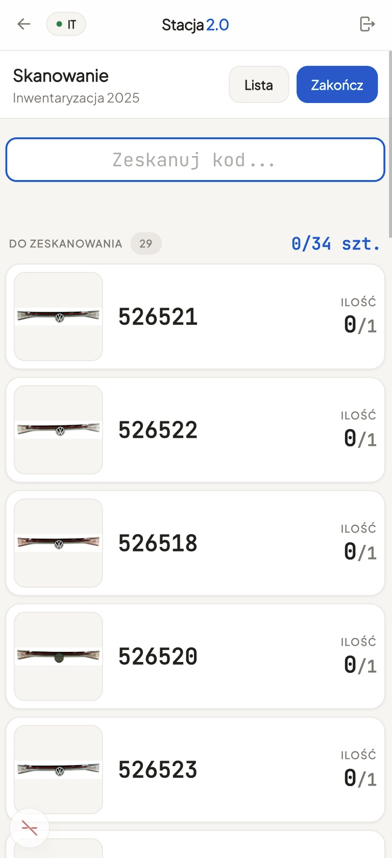 A chosen location: the list of parts to scan with an item counter.