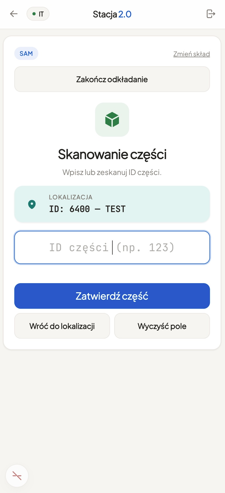 Putting away: scan the location, then scan the part.
